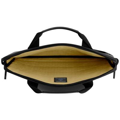 Geöffnete schwarze Tasche mit beigem Innenfutter, sichtbarem Reißverschluss und Tragegriffen, geeignet für Laptops oder Dokumente.