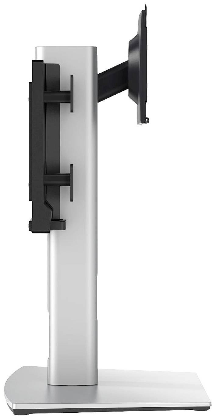 Ein silberner Monitorständer mit höhenverstellbarem Arm, gezeigt von der Seite, auf einer rechteckigen Basis für Bildschirme.