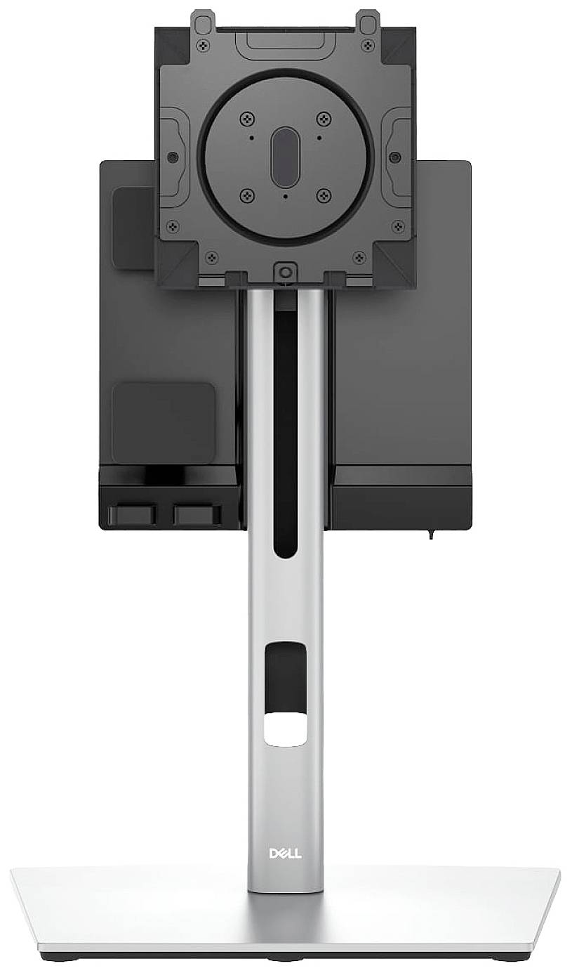Einstehender Monitorhalter in Edelstahloptik von hinten, passend für verschiedene Bildschirmmodelle.