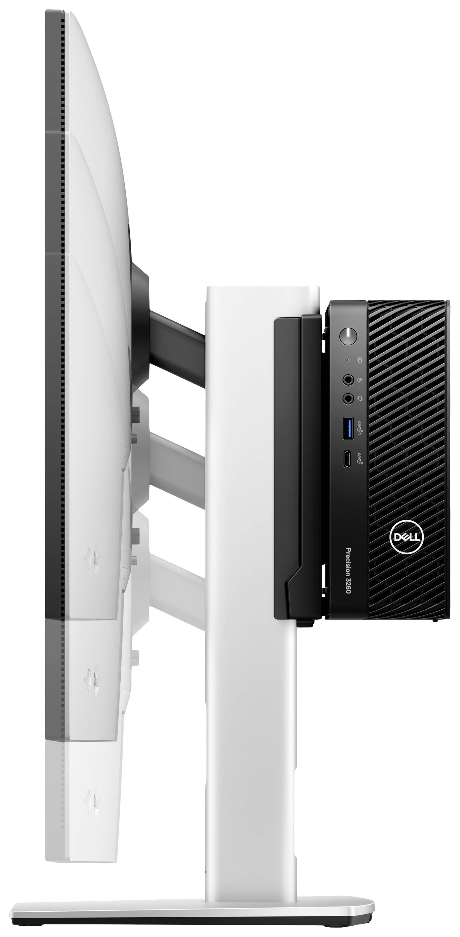 Ein Monitor mit einem an der Rückseite montierten Mini-PC, seitliche Ansicht. Der PC hat Anschlüsse und das Dell-Logo sichtbar.