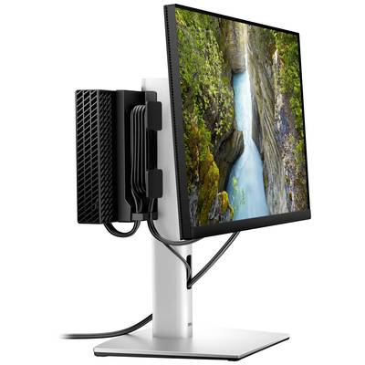 Ein Monitor mit Seitenansicht zeigt ein schmales, schwarzes Gerät an seiner Rückseite. Auf dem Bildschirm ist eine Schlucht mit einem türkisfarbenen Fluss und grüner Vegetation zu sehen.