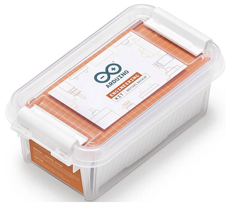 Behälter mit der Aufschrift 'ARDUINO ENGINEERING KIT', versehen mit sicheren weißen Verschlüssen, präsentiert mit einem Rasterdesign und Logo auf orangefarbenem Hintergrund.