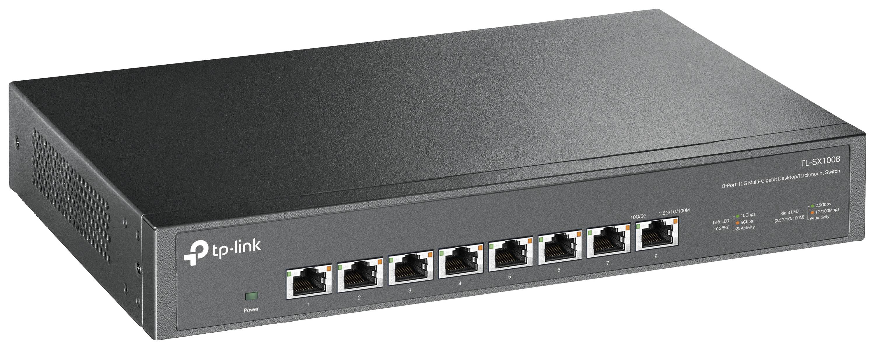 Ein schwarzer TP-Link-Netzwerkswitch mit acht Ethernet-Ports. Das Gerät ist kompakt und für professionelle Netzwerke geeignet.