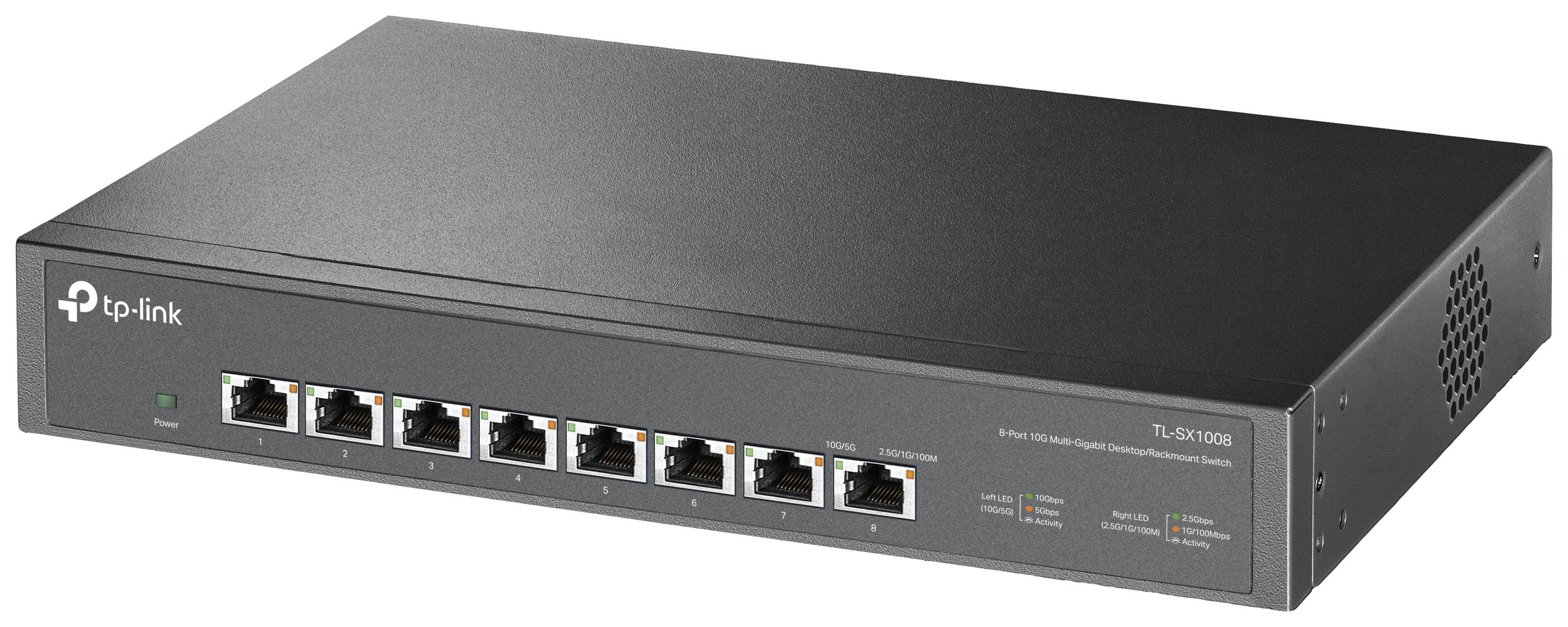 Ein TP-Link Netzwerk-Switch mit acht Ethernet-Ports, Modell TL-SX1008; schwarze Farbe, geeignet für Verbindungen in Unternehmensnetzwerken.