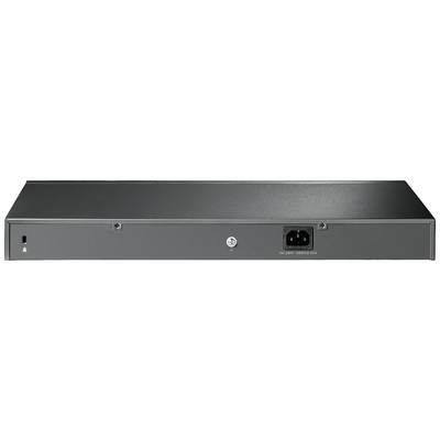 Rückansicht eines schwarzen elektronischen Geräts mit Netzanschluss und Schraubloch, wahrscheinlich ein Netzwerk-Switch oder Router.