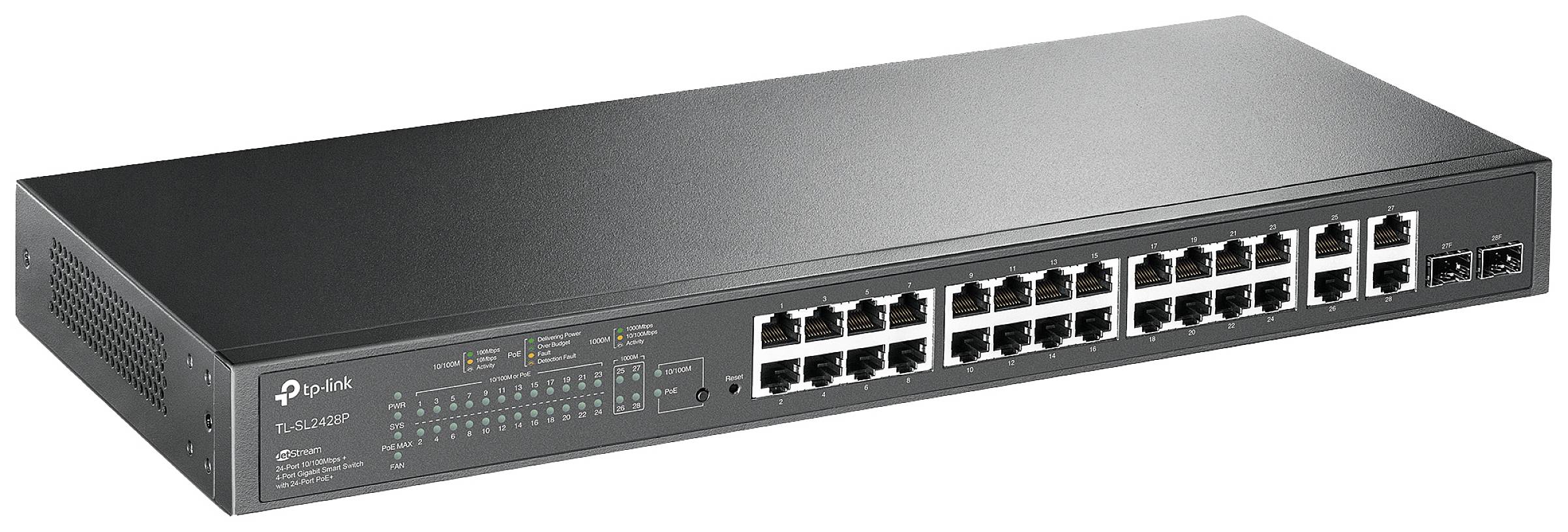 Abgebildet ist ein 24-Port Ethernet-Switch mit schwarzem Gehäuse. Er bietet Netzwerkverbindungen für mehrere Geräte.