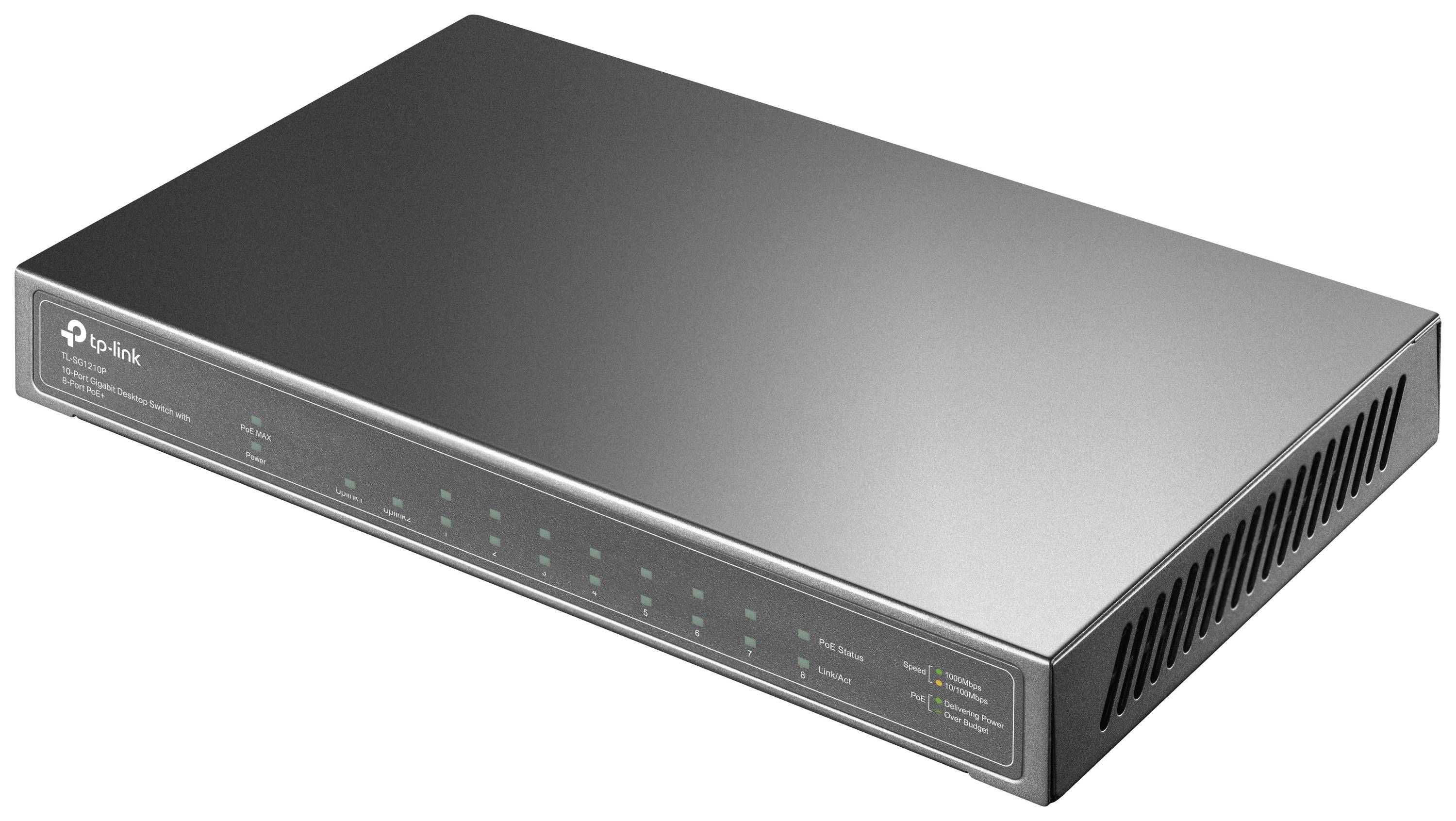 Ein silberner Netzwerk-Switch von TP-Link mit acht Ethernet-Ports, geeignet für Heim- oder Büroanwendungen.