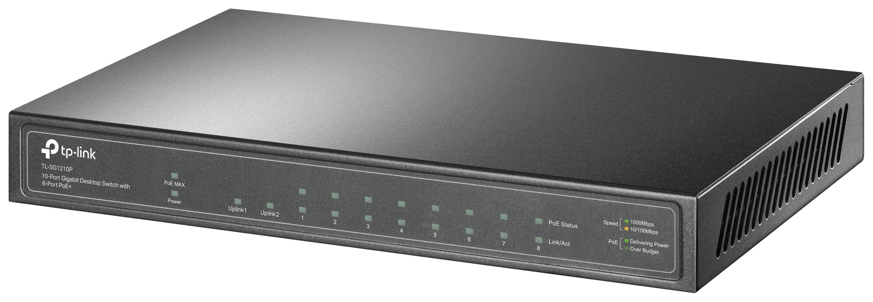 Ein schwarzer TP-Link-Netzwerk-Switch mit mehreren Ethernet-Anschlüssen auf der Vorderseite und LED-Statusleuchten zur Betriebsanzeige.