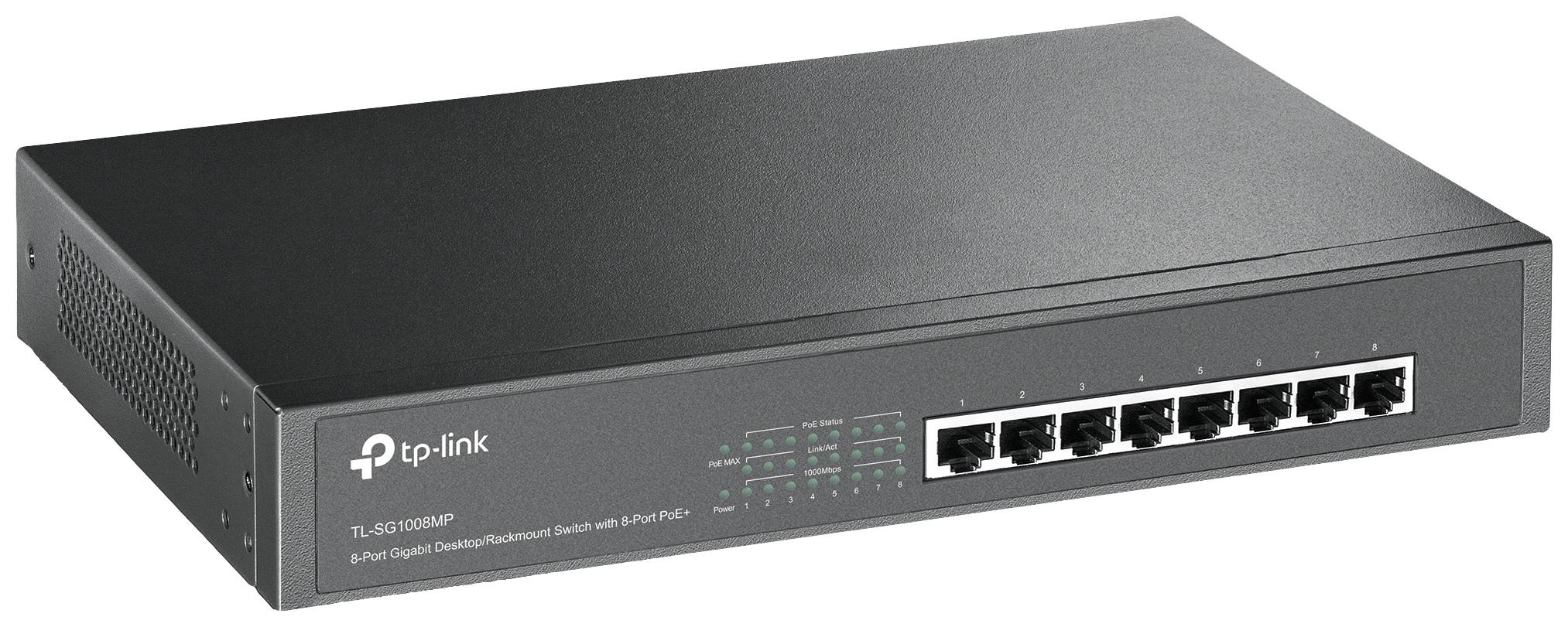 Schwarzer 8-Port-Gigabit-Ethernet-Switch von TP-Link für Netzwerkverbindungen. Geeignet für den Einsatz in Heim- oder Büronetzwerken.
