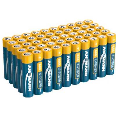 Ein Paket blau-gelber AAA-Batterien, angeordnet in Reihen, dargestellt als Großpackung mit Batteriensatz.
