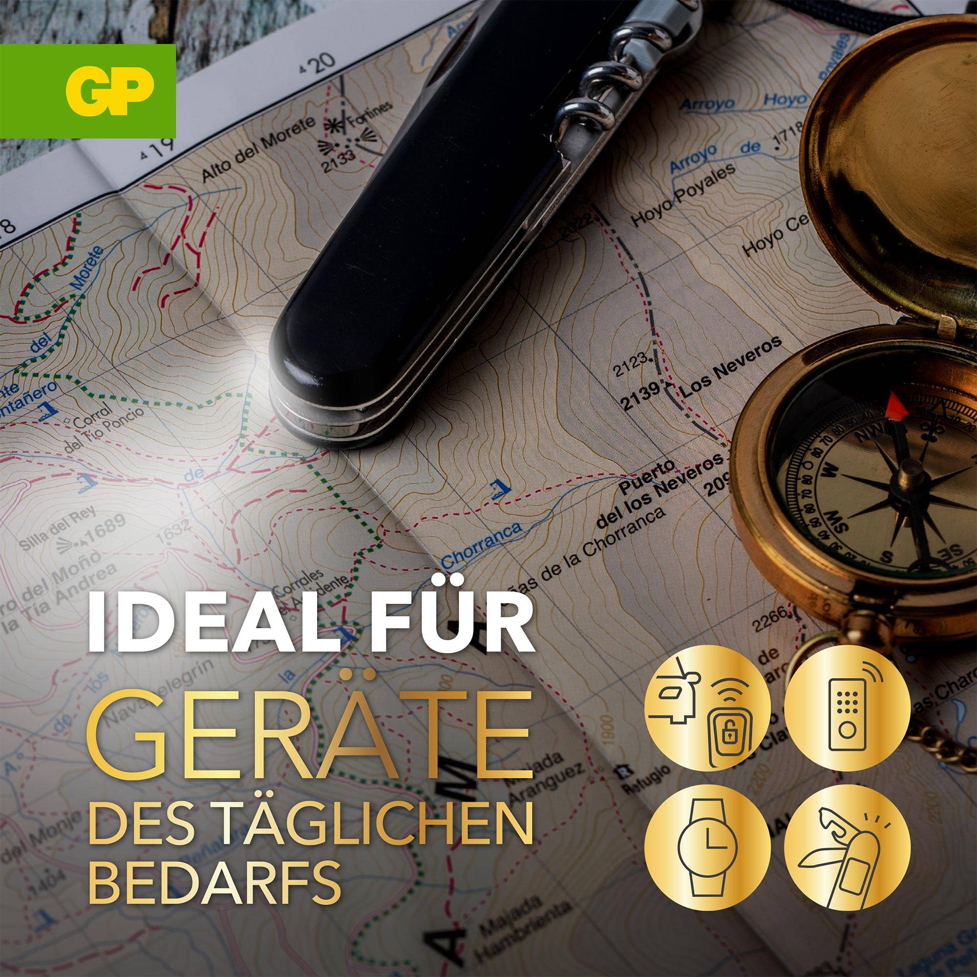 Ein Kompass und ein Taschenmesser auf einer Landkarte. Text: 'Ideale Geräte für den täglichen Bedarfs'. Symbole für Geräte darunter.