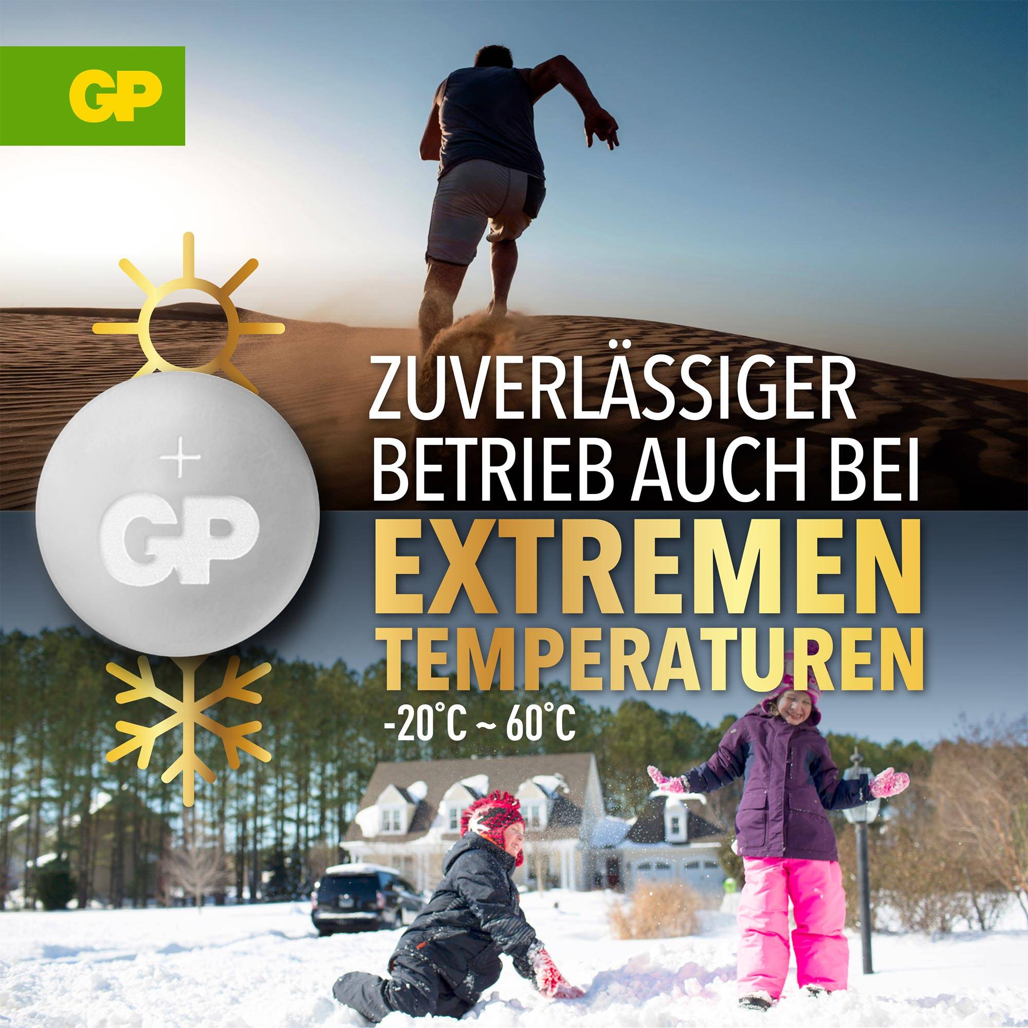 Werbung für GP Batterien zeigt Athleten im Sand und Mädchen im Schnee. Text: 'Zuverlässiger Betrieb auch bei extremen Temperaturen -20°C ~ 60°C'.