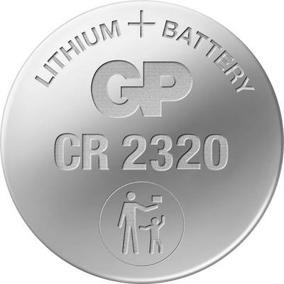 Silberne Knopfzelle mit Aufdruck 'GP CR 2320' und 'Lithium Battery', unten Symbol mit Kleinkind: nicht für Kinder geeignet.<br>