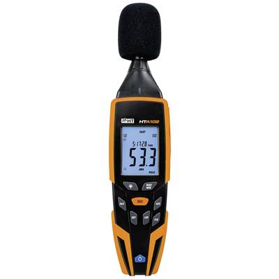 Ein orange-schwarzes Schallpegelmessgerät zeigt einen Wert von 53,3 dB auf dem Display an. Oben ein schwarzes Mikrofon.