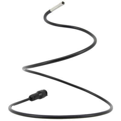 Ein schwarzes, spiralförmiges Kabel mit einem Metallanschluss an einem Ende und einem Steckanschluss am anderen Ende.