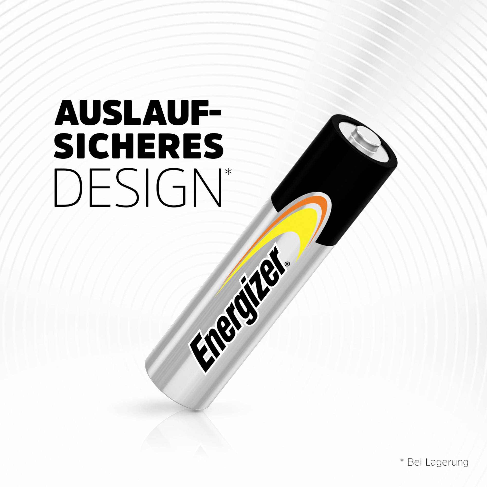 Batterie mit 'Energizer'-Logo, seitlich liegend. Text: 'Auslaufsicheres Design'. Hintergrund hat konzentrische Kreise.