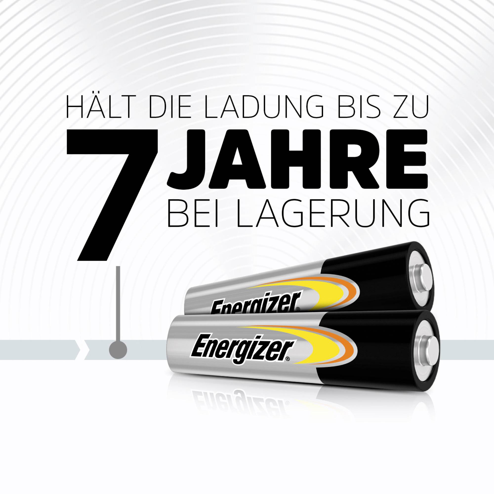 Zwei Energizer-Batterien und Text: 'Hält die Ladung bis zu 7 Jahre bei Lagerung'. Hintergrund mit Kreismuster.
