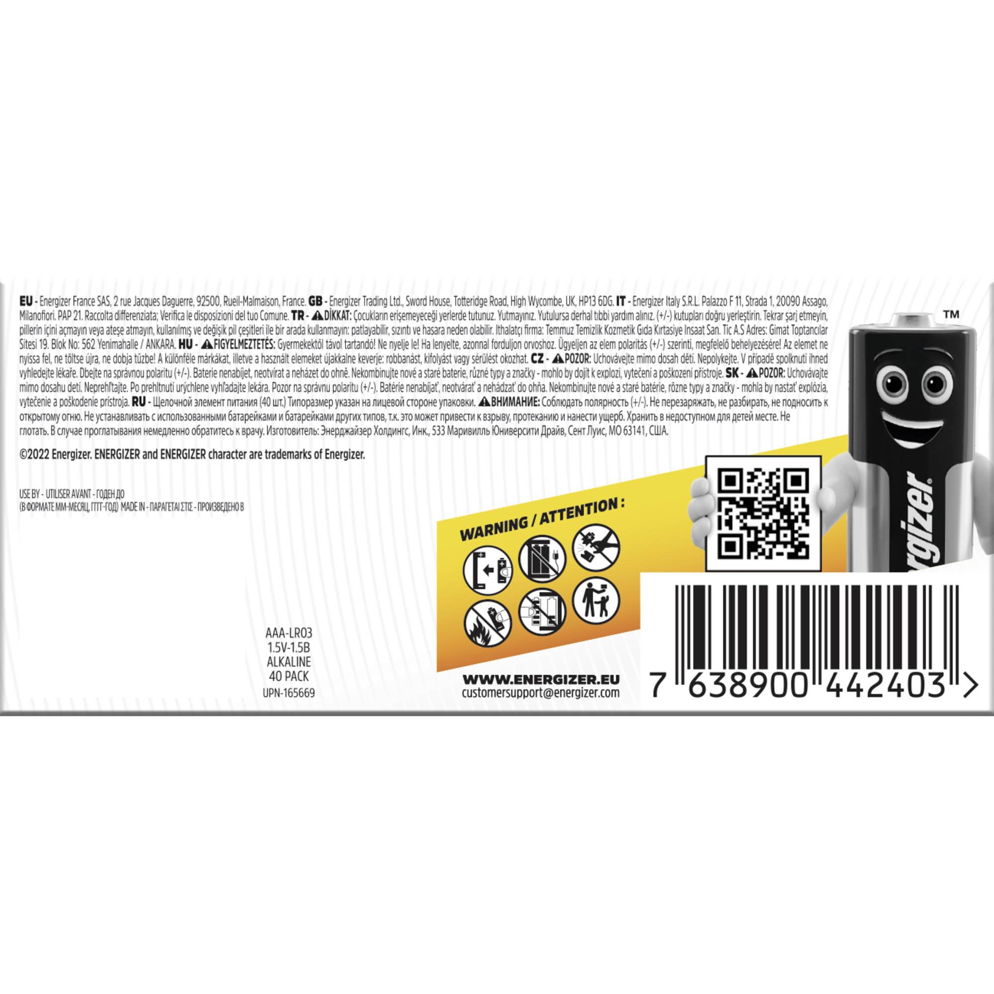 Eine Energizer-Batterieverpackung zeigt Sicherheitshinweise und Kontaktdaten. Aufdruck des Energizer-Maskottchens, ein fröhlicher Akku.