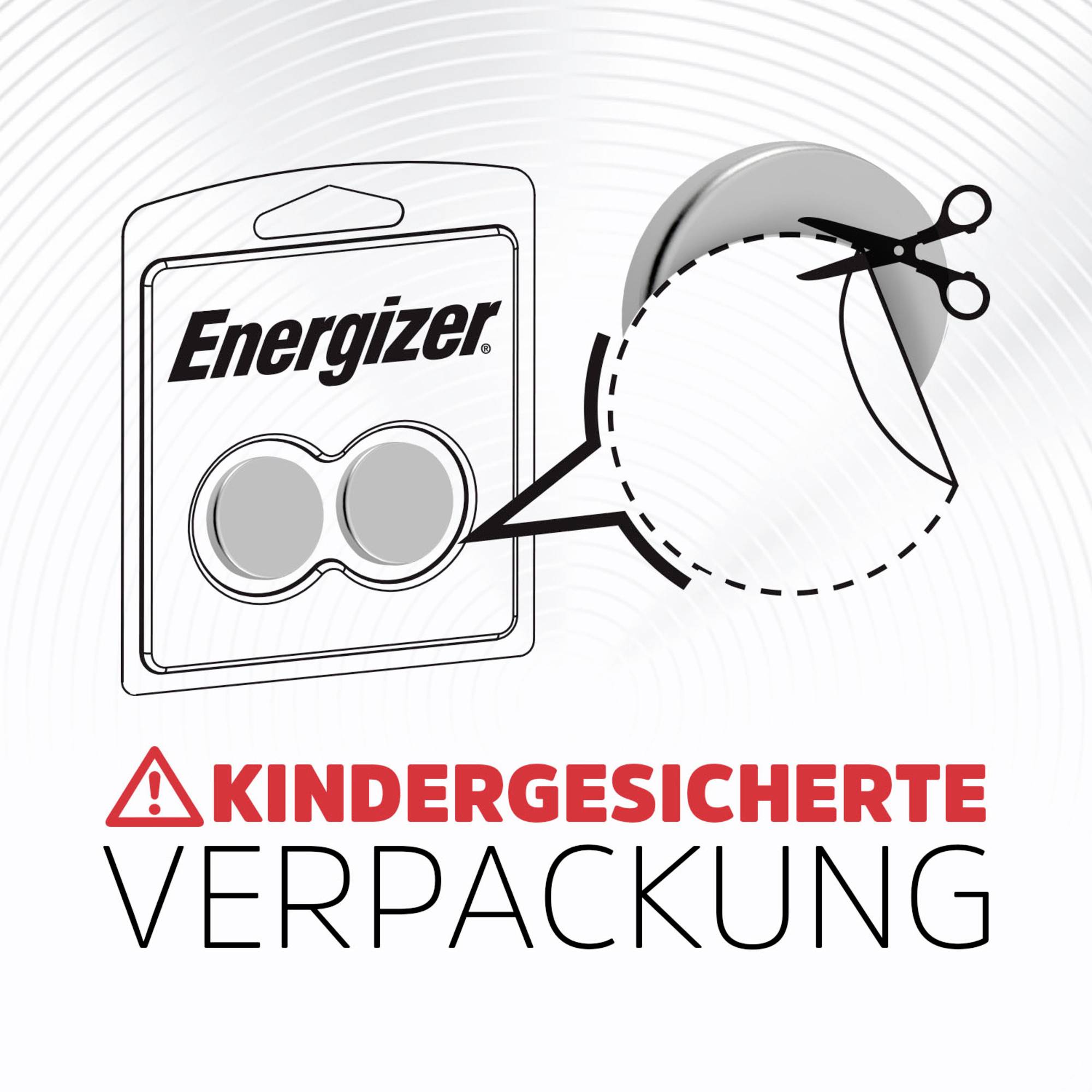 Energizer-Batterieverpackung mit Lupe und Schere; Text warnt: 'KINDERSICHERTE VERPACKUNG'.