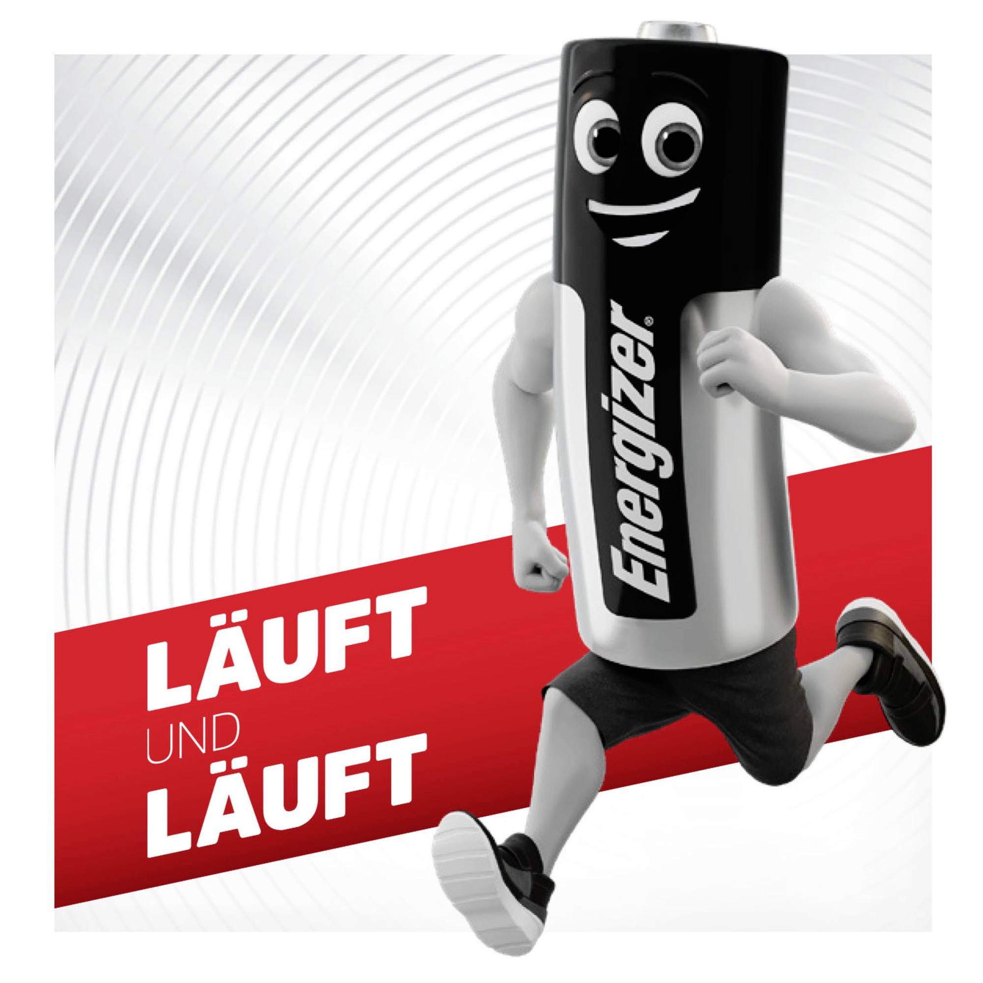 'Läuft und läuft' zeigt eine lächelnde Batterie im Energizer-Design, die dynamisch läuft.