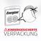 Energizer Batterien in kindersicherer Verpackung, die mit einer Schere geöffnet werden muss.