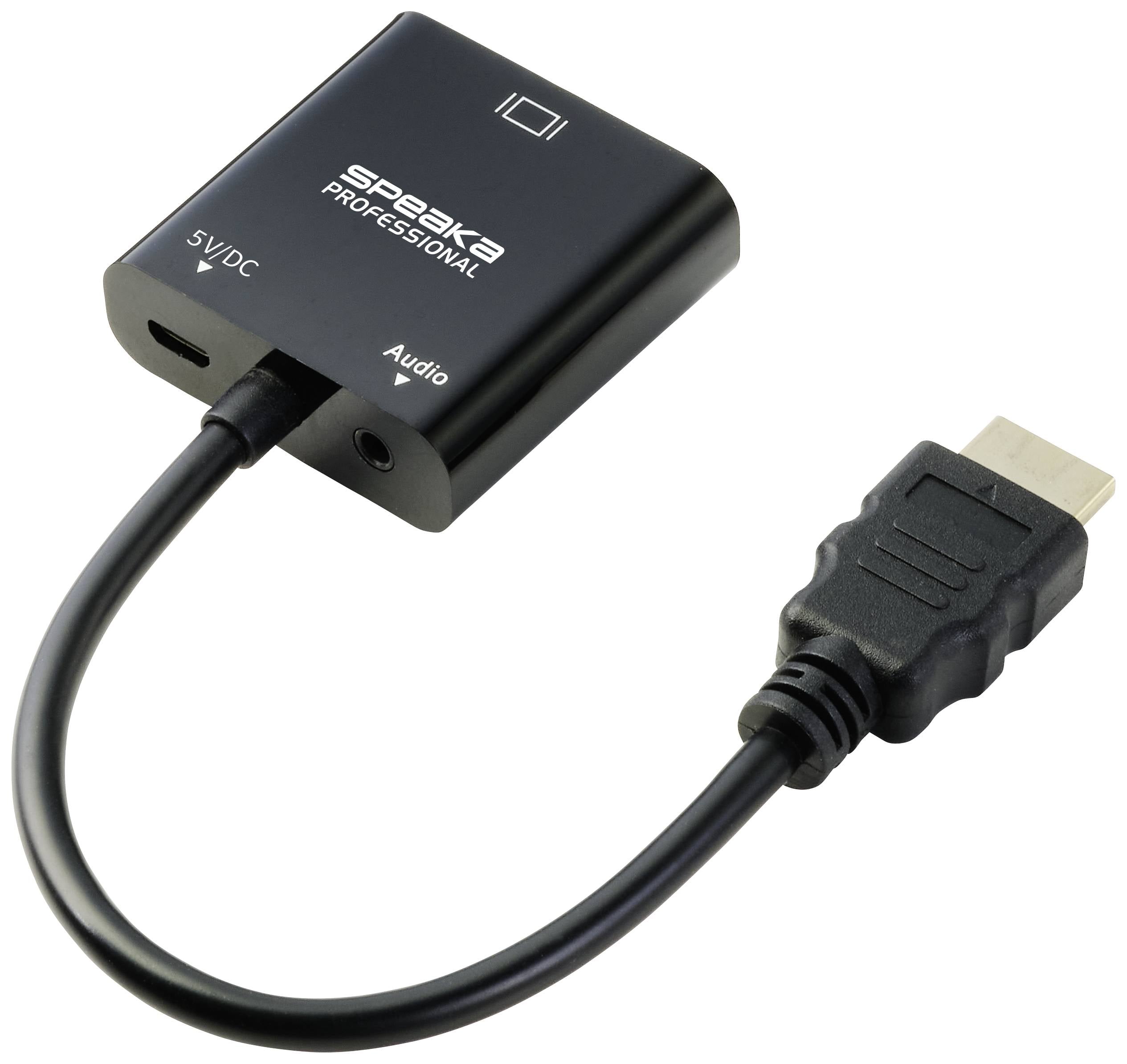 Ein HDMI-zu-AV-Konverter mit einer HDMI-Buchse, einem USB-Anschluss für 5V-DC-Stromversorgung und einem Audioausgang.