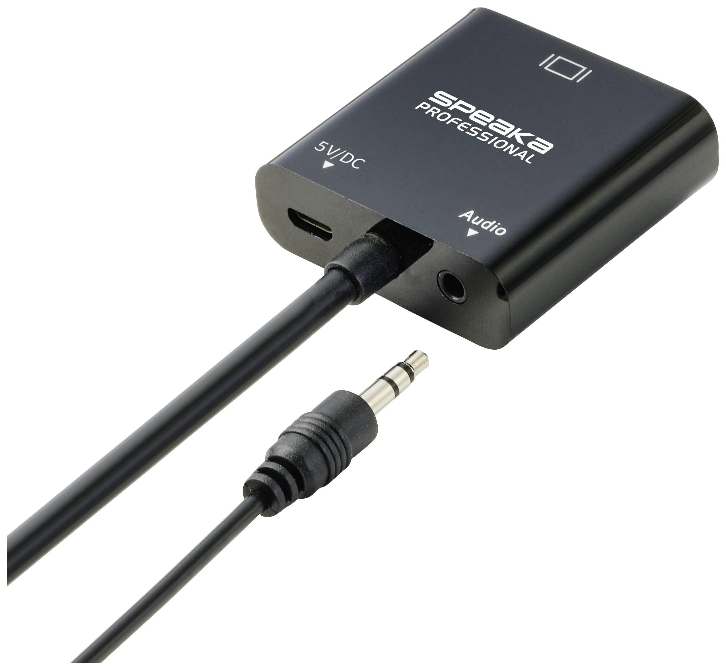 Schwarzer Audio-Konverter mit USB- und Audioanschluss, verbunden mit einem 3,5-mm-Audiokabel. Markiert mit 'Speaka Professional'.