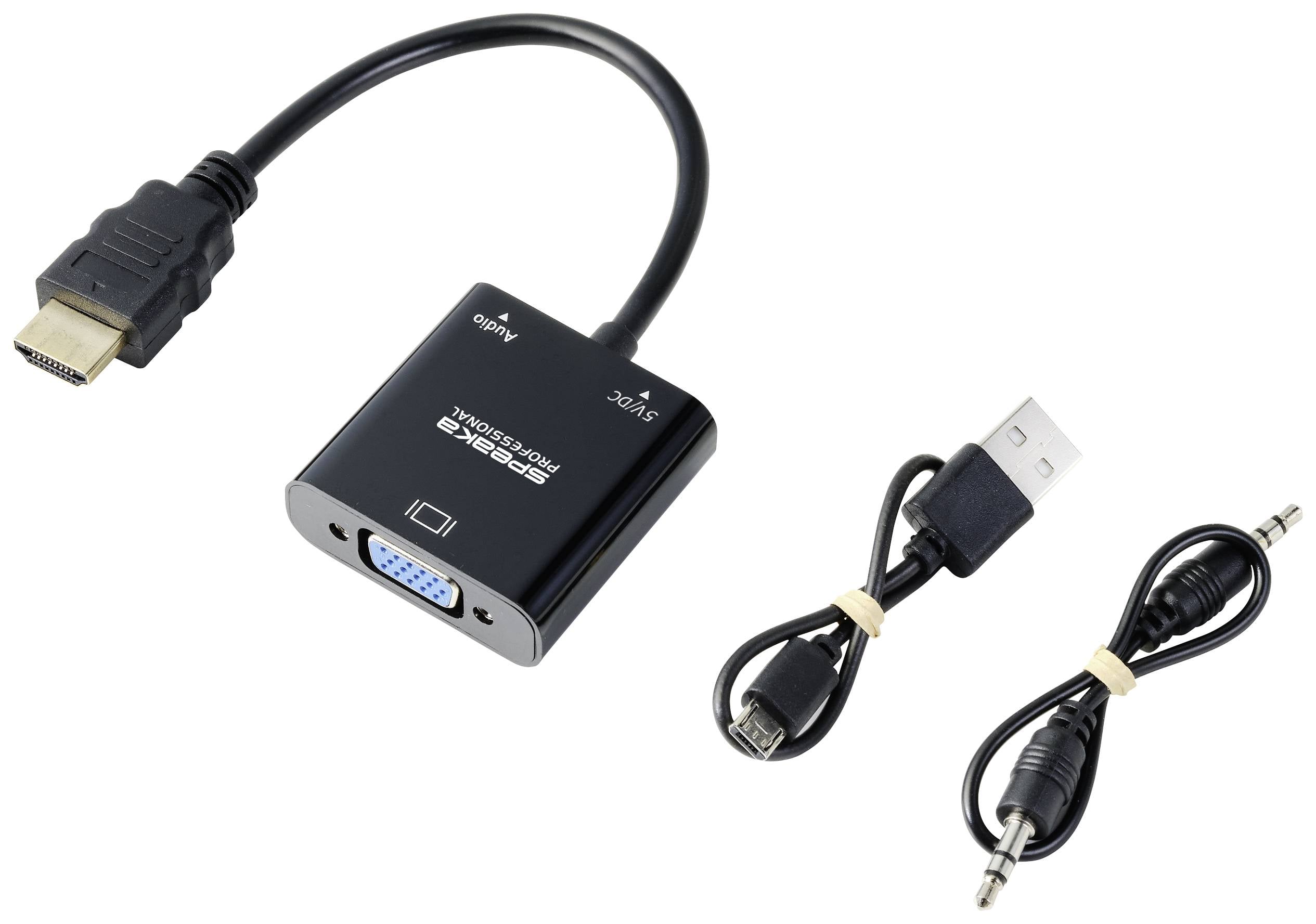Ein HDMI-zu-VGA-Adapter mit drei Anschlüssen: HDMI, VGA und Audio. Zwei beigelegte Kabel: ein USB-Kabel und ein Audiokabel.