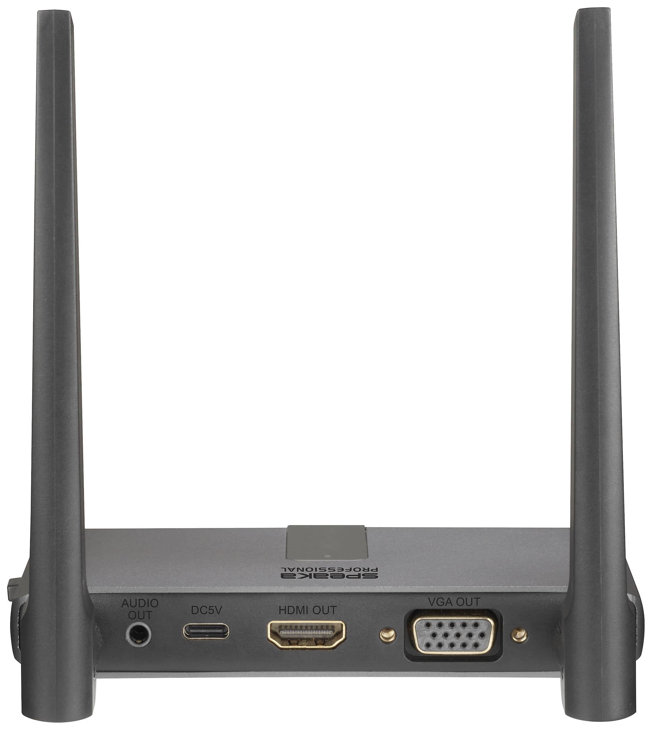 Ein schwarzer HDMI-Receiver mit zwei Antennen, verschiedenen Anschlüssen wie Audio, DC5V, HDMI OUT und VGA OUT auf der Rückseite.