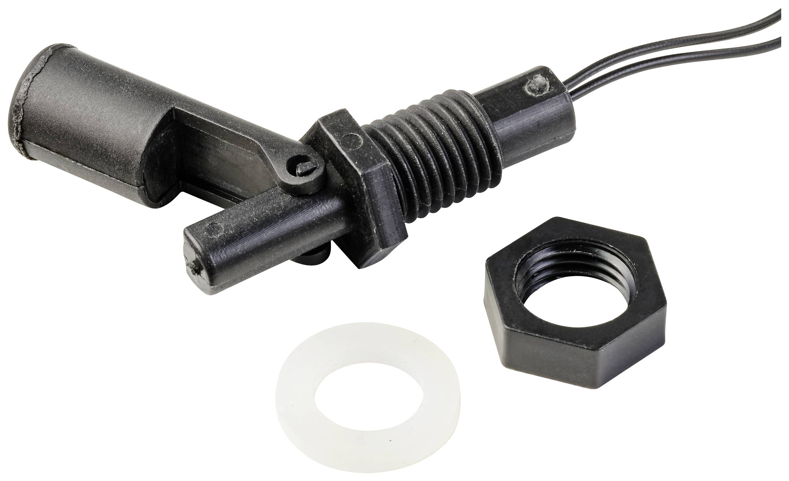 Ein schwarzer Magnetsensor mit Kabel, Kunststoffmuttern und einer transparenten Unterlegscheibe liegt auf einem weißen Hintergrund.