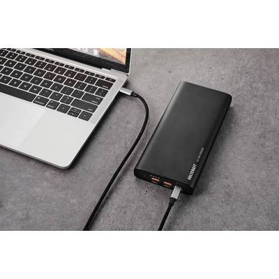 Ein Laptop ist mit einem tragbaren Ladegerät verbunden; zeigt Nutzung von mobiler Stromversorgung.