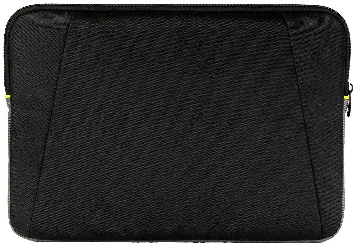 Schwarze Laptoptasche mit gelben Akzenten, rechteckig und flach, ohne sichtbare Marken- oder Designelemente.