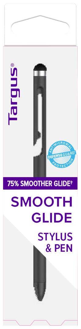 Verpackung eines schwarzen Stylus und Kugelschreibers von Targus. Aufschrift: '75% Smoother Glide', 'Smooth Glide Stylus & Pen'.