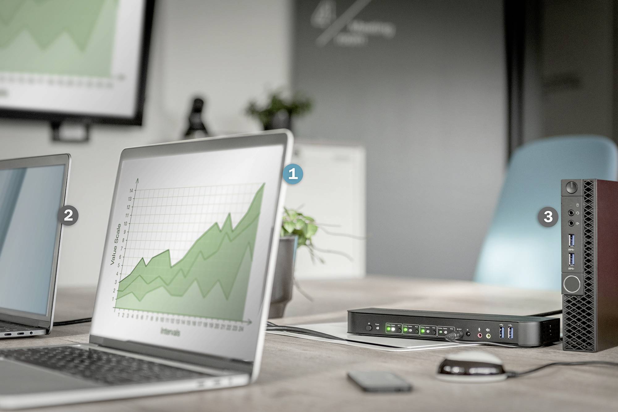 Ein Laptop mit einem Diagramm zeigt einen steigenden Trend. Daneben ein weiterer Laptop und technisches Gerät auf einem Tisch.