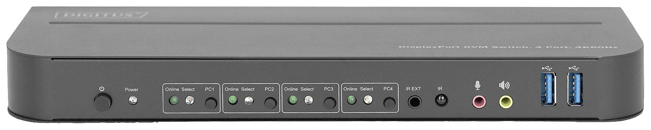 Ein KVM-Switch mit vier Eingabe-Schaltflächen, Anschlussbuchsen für Audio und Mikrofon sowie USB-Anschlüssen auf der Vorderseite.