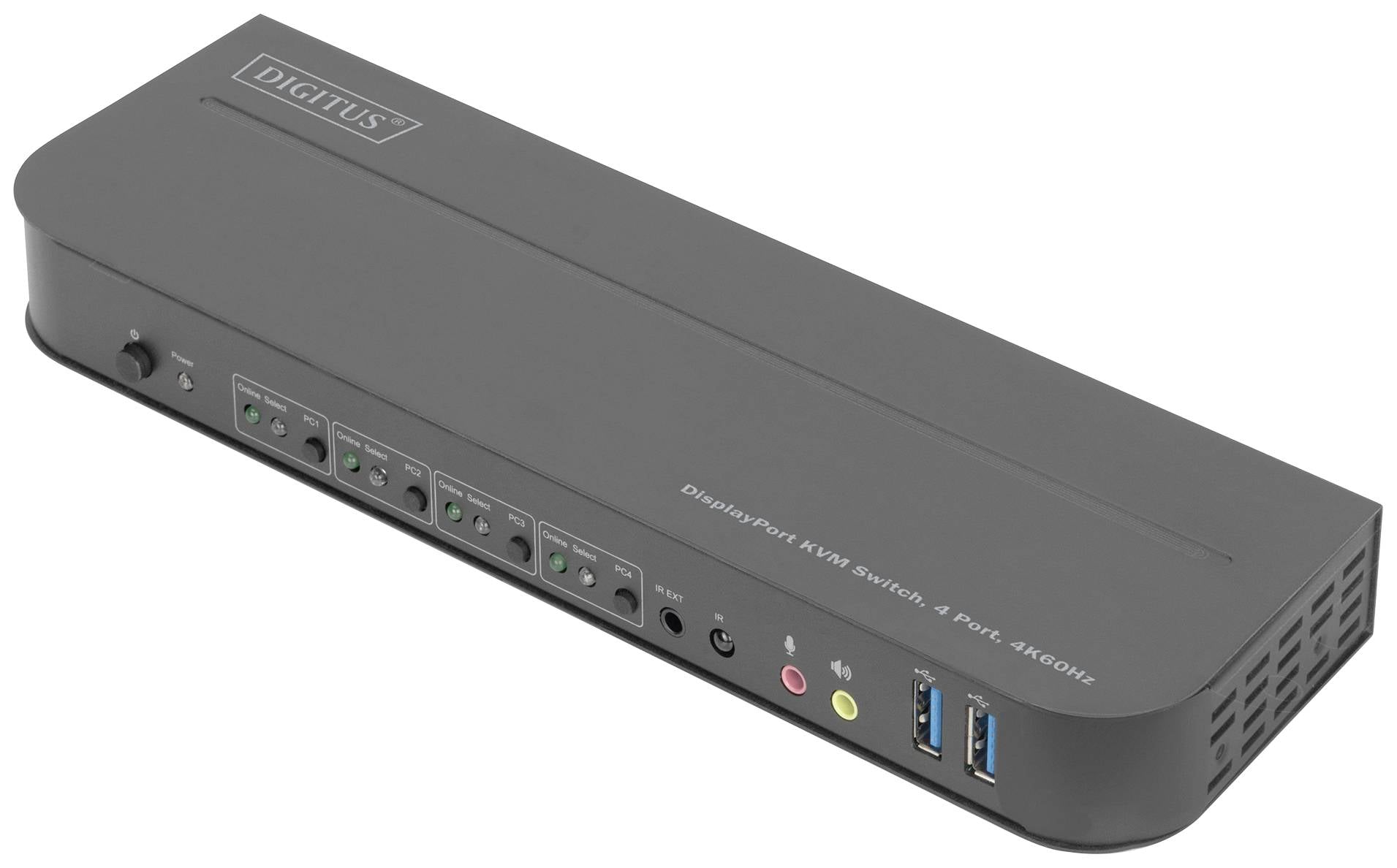 Grau-schwarzer KVM-Switch mit mehreren Anschlussmöglichkeiten, Tasten und Anschriften auf der Oberfläche für Verwaltung von Display- und USB-Geräten.
