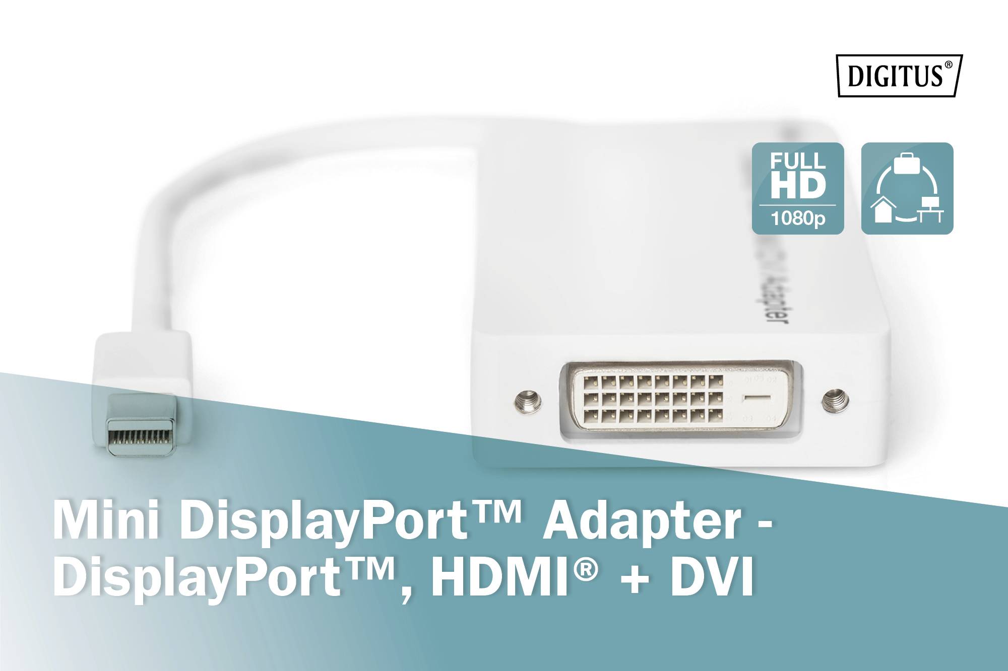 Ein Mini DisplayPort™ Adapter mit Anschlüssen für DisplayPort™, HDMI® und DVI, geeignet für Full HD 1080p.