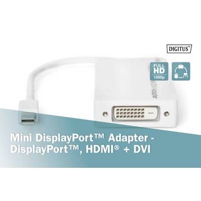 Ein Mini DisplayPort™ Adapter mit Anschlüssen für DisplayPort™, HDMI® und DVI, geeignet für Full HD 1080p.