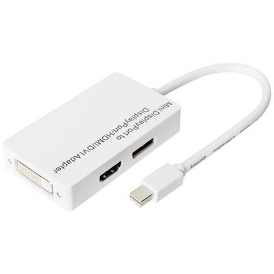 Ein weißer Mini DisplayPort-Adapter mit Anschlüssen für HDMI, DVI und DisplayPort. Geeignet zum Verbinden von Geräten mit verschiedenen Schnittstellen.
