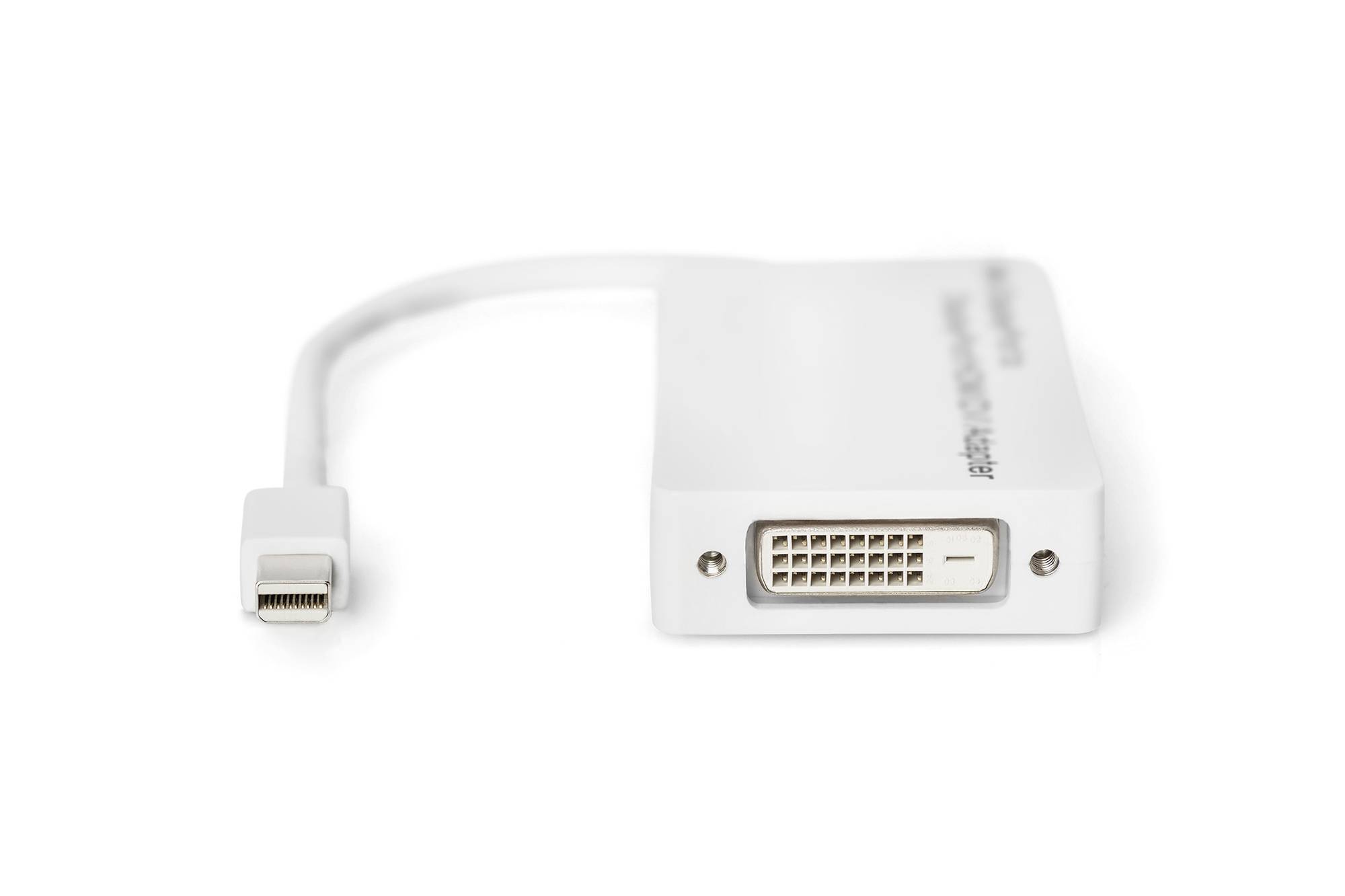 'Ein weißer Adapter mit einem Mini DisplayPort-Anschluss auf der einen Seite und einem DVI-D-Anschluss auf der anderen Seite.'