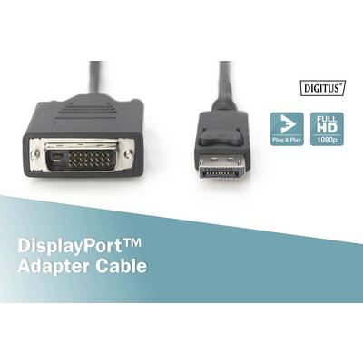 DisplayPort-Adapterkabel mit DVI und DisplayPort-Stecker, geeignet für Full HD 1080p, mit 'Plug & Play'-Symbol und Marke 'DIGITUS'.