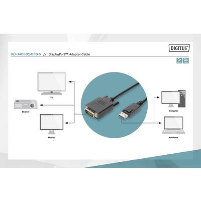 'Diagramm zeigt DisplayPort-Adapterkabel mit Anschlüssen für TV, Monitor, Beamer, Computer und Notebook. Produkt von DIGITUS.'