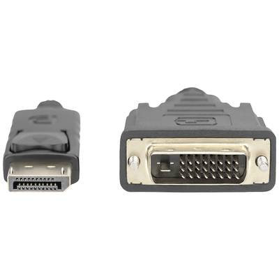 Eine DisplayPort- zu DVI-Adapterkabel, zeigt einen DisplayPort-Stecker auf der linken Seite und einen DVI-Stecker auf der rechten Seite.