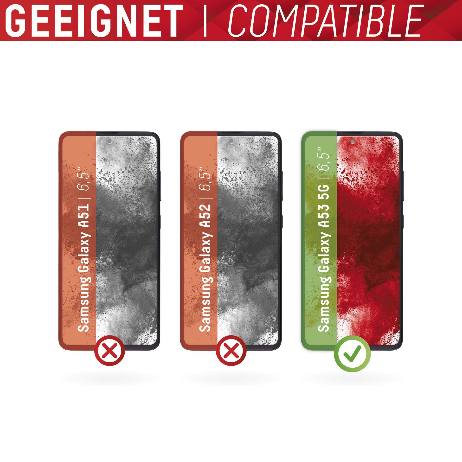 Das Bild zeigt drei Smartphones. Die linke und mittlere sind mit einem roten 'X' markiert, das rechte hat ein grünes Häkchen, passend für Samsung Galaxy A53 5G.