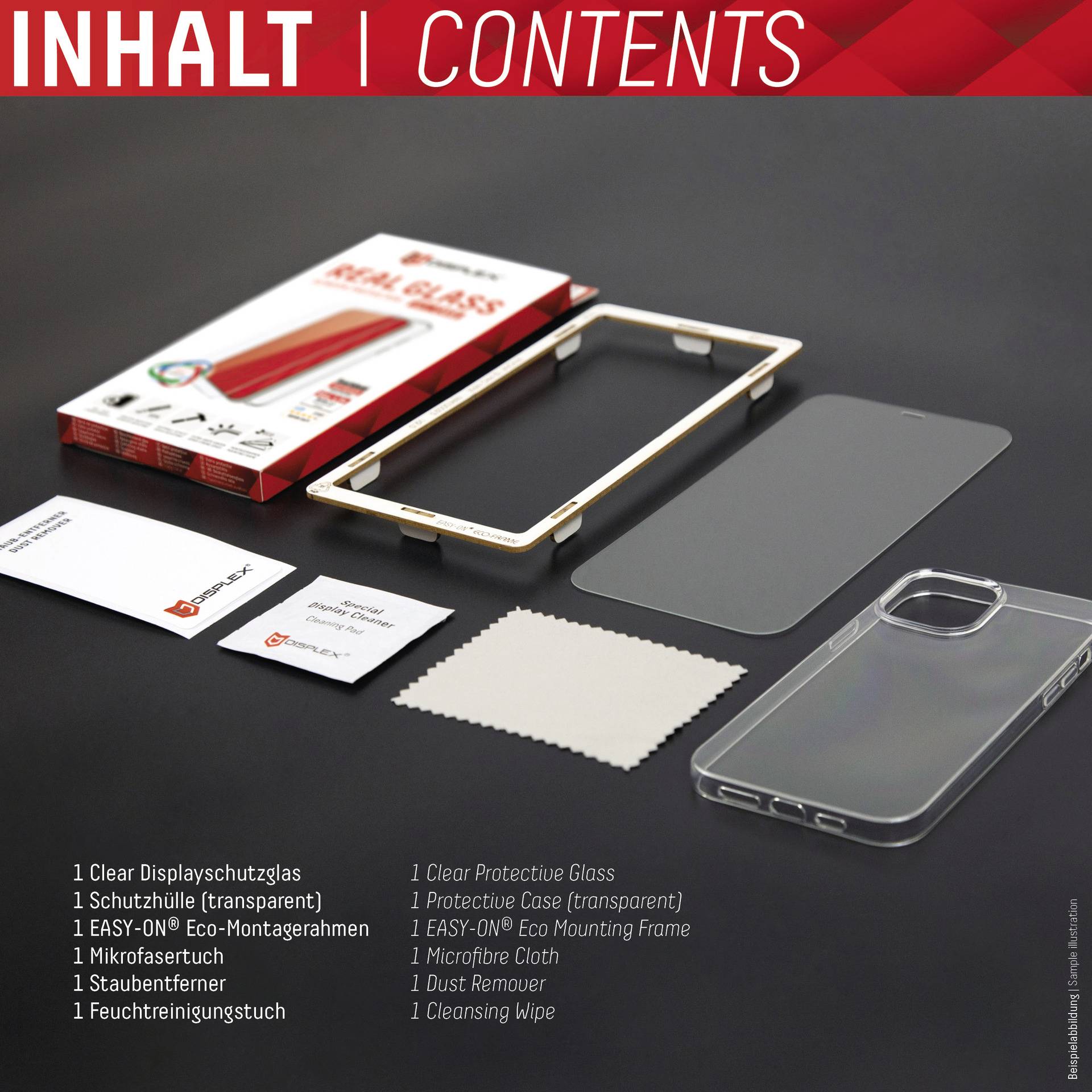 'Inhalt': Displayschutzglas, Schutzhülle, Montageanleitung, Mikrofasertuch, Staubentferner, Feuchttuch, Reinigungstuch.