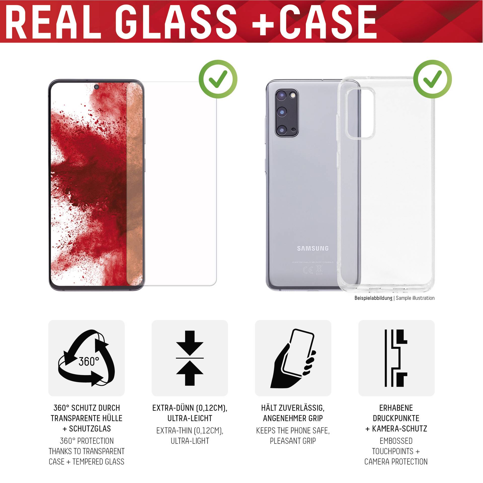 'REAL GLASS + CASE' Displayschutzfolie mit blutrotem Muster und transparente Handyhülle daneben. Symbole erläutern Funktionen: vollständiger Schutz, extraflach, bessere Griffigkeit.