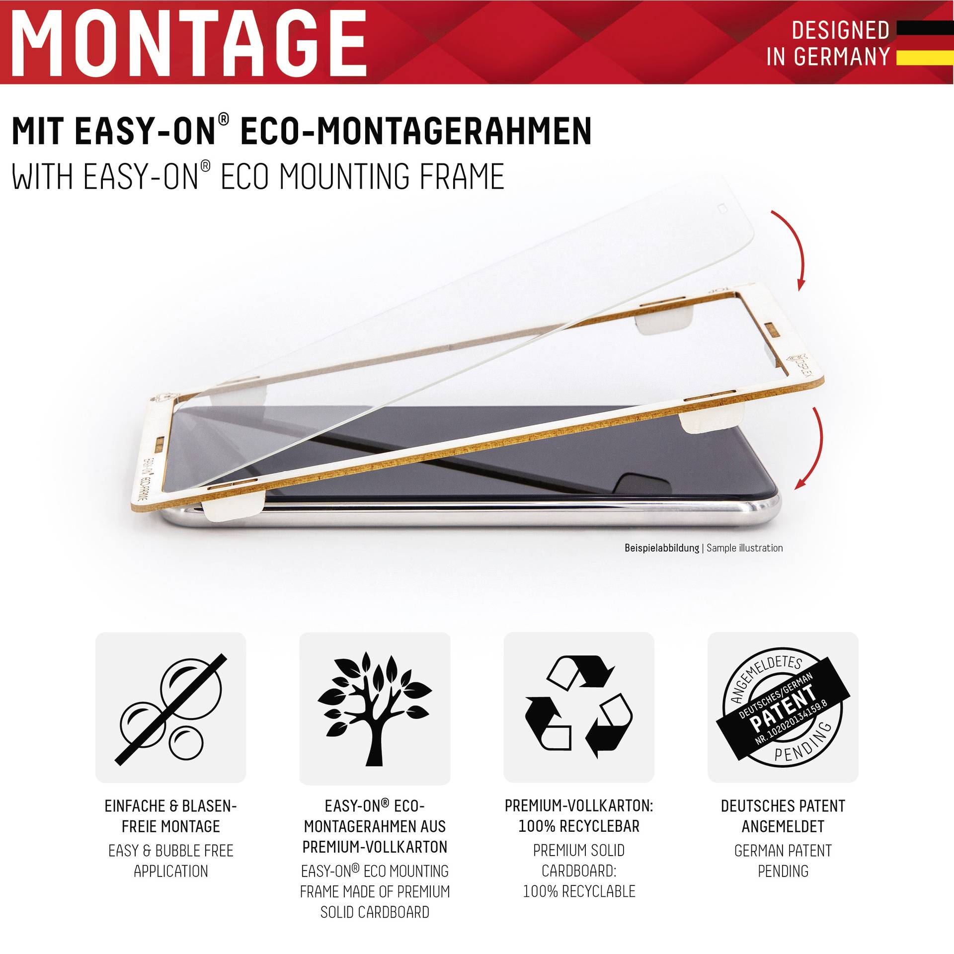 'Montage mit Easy-On® Eco-Montagerahmen: Einfach, blasenfrei, Vollkarton aus Papier und deutsches Patent.'
