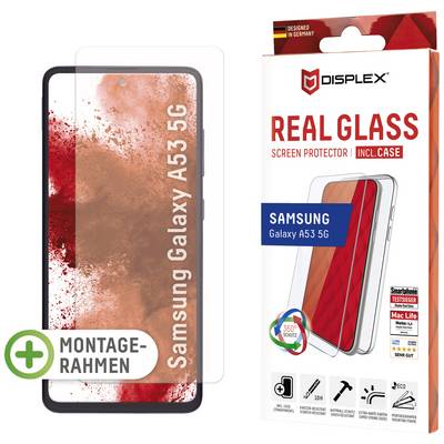 Displayschutzglas 'Displex Real Glass' für Samsung Galaxy A53 5G, mit Montage-Rahmen. Verpackung zeigt rote Grafik und Infos.