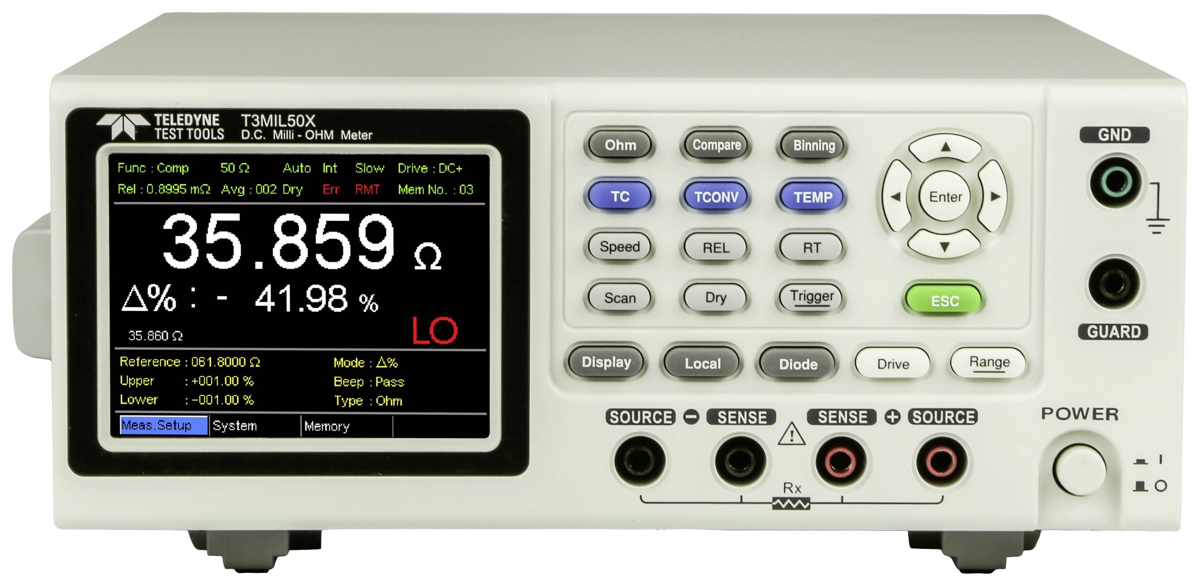 Ein Ohmmeter zeigt auf dem Display den Widerstand von 35,859 Ohm und eine Änderung von 41,98 %. Bedienfeld mit Tasten rechts.