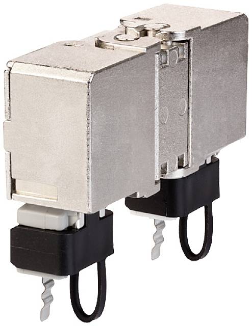 Ein metallischer Zwei-Kanal-Schalter mit abgewinkelten Anschlüssen zur elektrischen Anbindung. Geeignet für elektronische Steuerungssysteme.